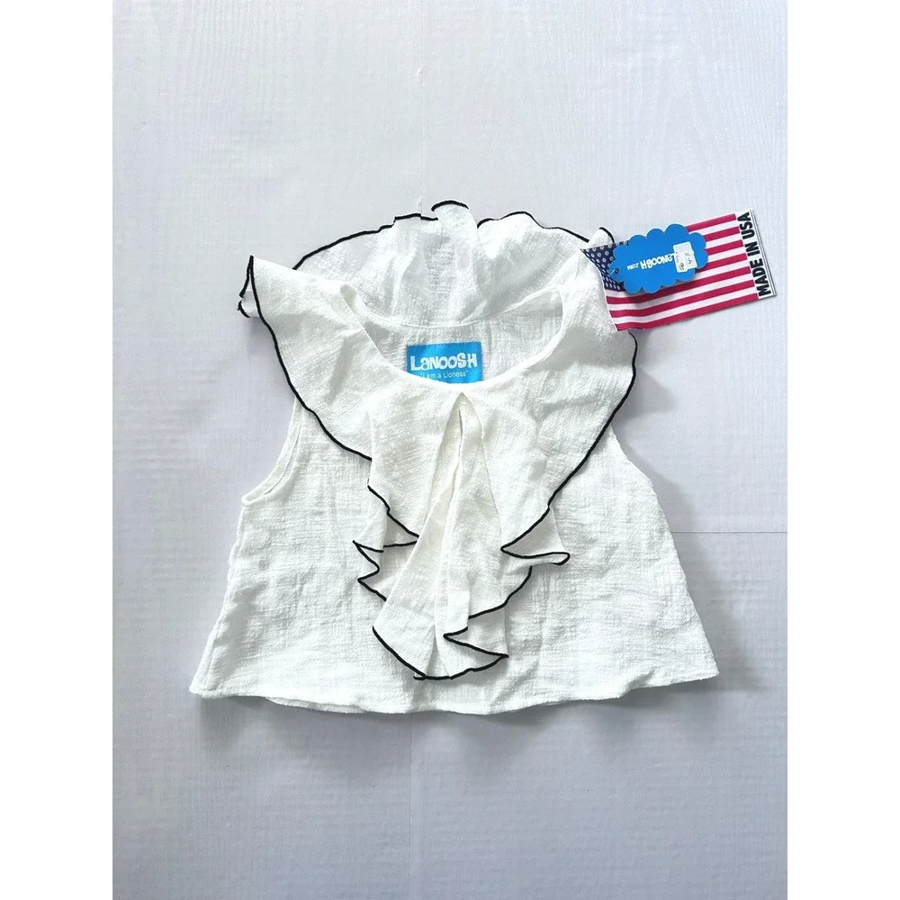 Lancoos Girls White Textured Ruffle Blouse Sleeveless Top Black Trim Kids